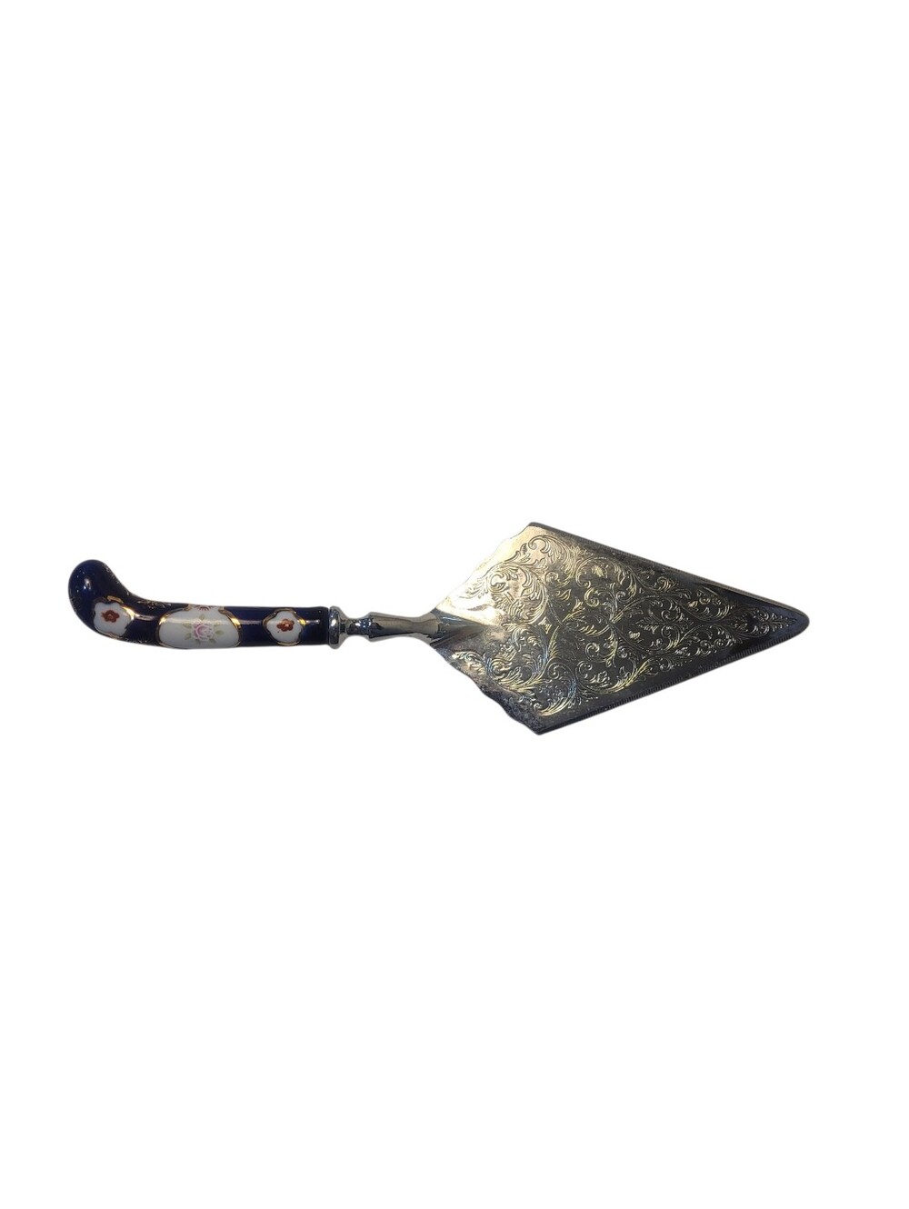Vintage Porcelain-Handled Silver Cake Server in Navy Blue and White